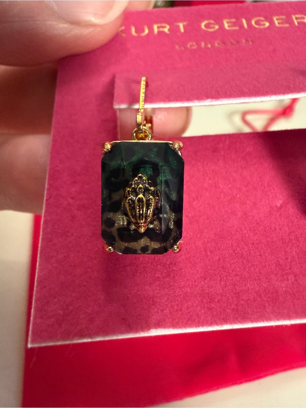 Kurt Geiger Green Leopard-Print Gold-Trim Drop Earrings - Picture 4 of 8